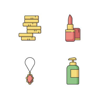 Güzellik endüstrisi RGB renk simgeleri ayarlandı. Açık ruj. Mücevherler ve değerli taşlar. Gelirden maddi kazanç. Pompalı losyon. Yığınla para. Kadın bakımı. İzole vektör çizimleri