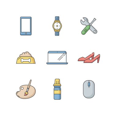 Online shop categories RGB color icons set. Electronic devices. Modern technology. Digital screens. TV monitors. Woman fashion and beauty. Art and craft. Repair tool. Isolated vector illustrations clipart