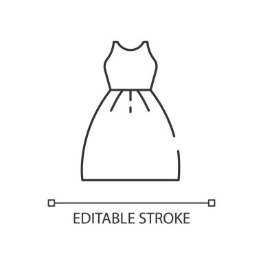 Doğrusal simgeyi giydirin. Kadın kıyafetleri. Çevrimiçi moda mağazası. Kadın giysisi almak için butik. İnce çizgi özelleştirilebilir illüstrasyon. Contour sembolü. Vektör izole çizim. Düzenlenebilir vuruş