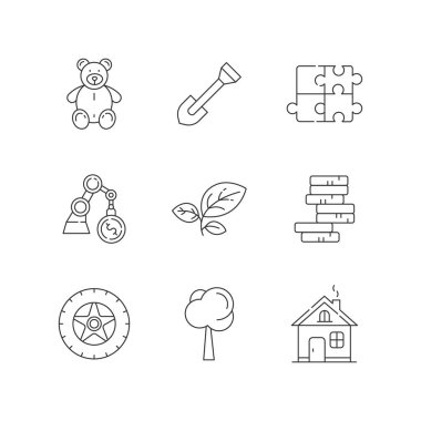 Mağaza bölümleri doğrusal simgeler ayarlandı. Çocuklar oyuncak doldurur. Çocuğa peluş ayı. Bahçıvanlık için vites. Özelleştirilebilir ince çizgi şekilleri. İzole vektör çizimi çizimleri. Düzenlenebilir vuruş