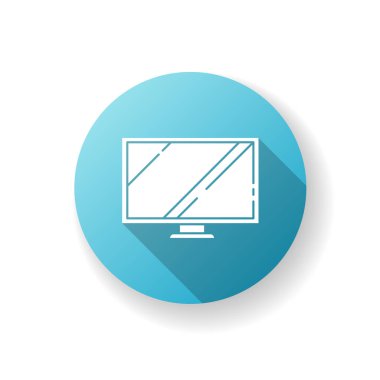 TV geniş ekran mavi düz dizayn uzun gölge simgesi. Bilgisayar monitörü. Elektronik cihaz. Televizyon ve eğlence. Boş panel. Modern teknoloji. Siluet RGB renk çizimi