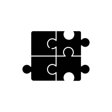 Yapboz siyah kabartma simgesi. Sorunu çözmek için yap-boz. Takım çalışması için metafor. Oyun için çözüm. Çocuk oyuncağı. Eklenmiş parçalar. Parçaları eşleştir. Beyaz uzayda siluet sembolü. Vektör izole illüstrasyonu