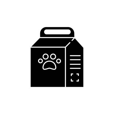Evcil hayvan besin çantası siyah kabartma simgesi. Kedi maması paketi. Evcil hayvan için atıştırmalık. Çevrimiçi petshop. Pakette besleyici atıştırmalıklar. Beyaz uzayda siluet sembolü. Vektör izole illüstrasyonu