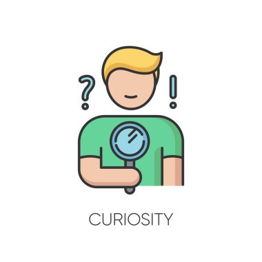 Merak RGB renk simgesi. İnsani duygular, kişisel kalite. Cevap ararsan, sorun çözülür. Elinde büyüteç tutan meraklı biri. İzole vektör illüstrasyonu