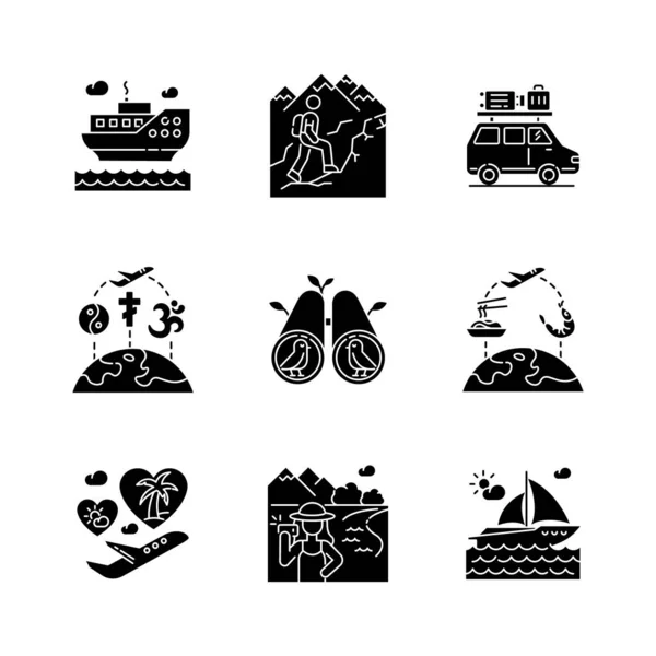 假日旅行黑色石像图标设置在白色的空间 积极的旅游 探险和旅行的轮廓符号 度假时的各种旅游娱乐活动 矢量孤立的说明 — 图库矢量图片