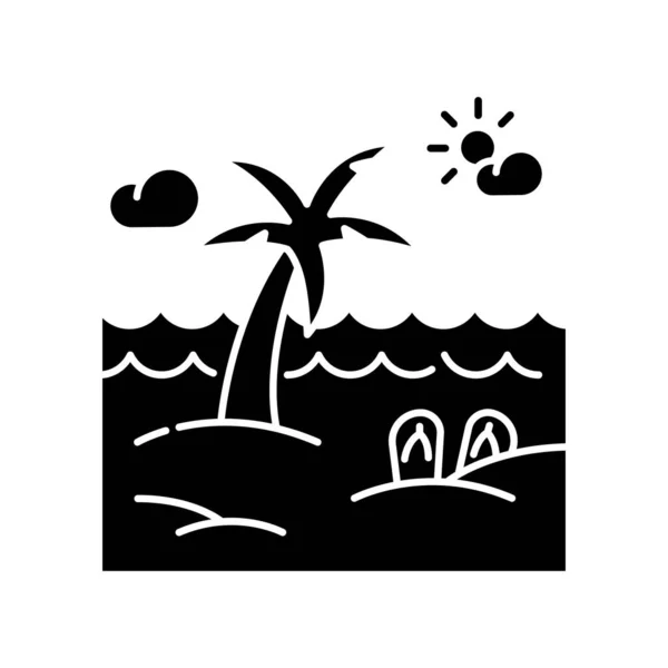海滨度假胜地黑色石像图标 热带旅游 天堂岛轮廓象征着白色的空间 在异国情调的海滩上游玩 海滨带棕榈树病媒的孤立图解 — 图库矢量图片