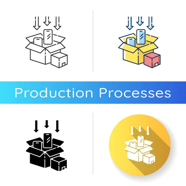 包装图标 线性黑色和Rgb颜色风格 后制造 生产包装工艺 送货准备 包裹包装 盒子中的智能手机隔离矢量插画 — 图库矢量图片