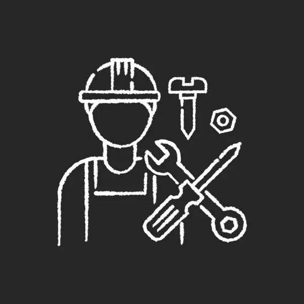 工业工人在黑色背景上涂上粉笔白色图标 专业维修和安装服务 修理工 带工具的修理工 用硬帽隔离向量板图解 — 图库矢量图片