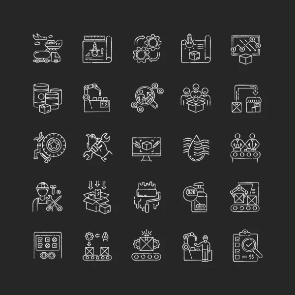 Productieproces Krijt Witte Pictogrammen Ingesteld Zwarte Achtergrond Industrie Commerciële Productontwikkeling — Stockvector