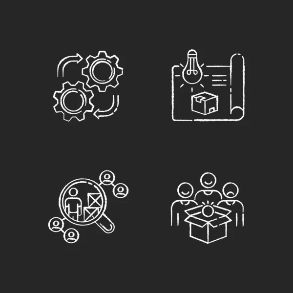 Processus Industriels Icônes Blanc Craie Mis Sur Fond Noir Développement — Image vectorielle