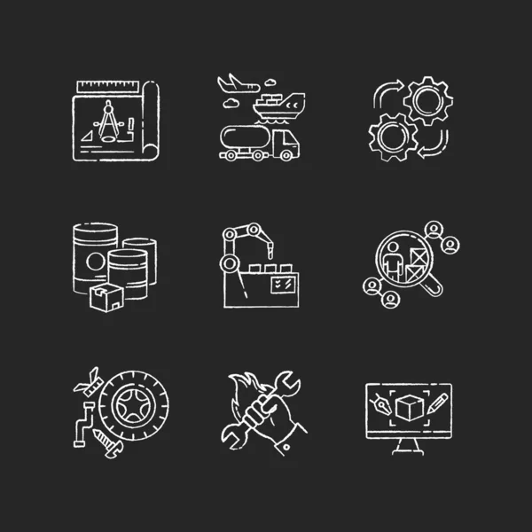 Proceso Desarrollo Productos Tiza Iconos Blancos Establecidos Sobre Fondo Negro — Vector de stock