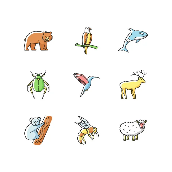 Especies Animales Conjunto Iconos Color Rgb Aves Voladoras Animales Terrestres — Vector de stock