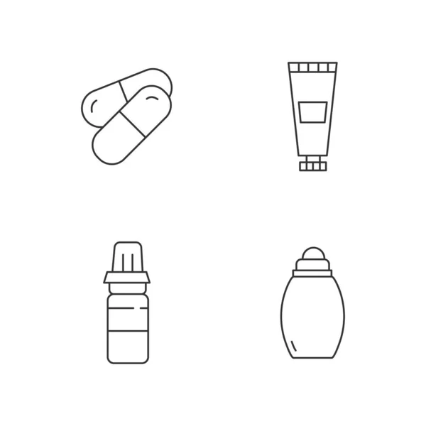 Soins Personnels Icônes Linéaires Ensemble Produits Pharmaceutiques Prescription Vitamines Médicaments — Image vectorielle