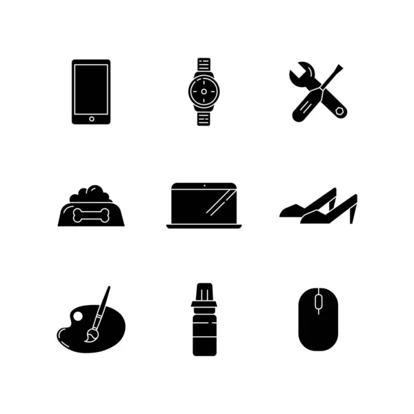 Categorías Tiendas Online Iconos Glifo Negro Establecidos Espacio Blanco Dispositivos — Archivo Imágenes Vectoriales