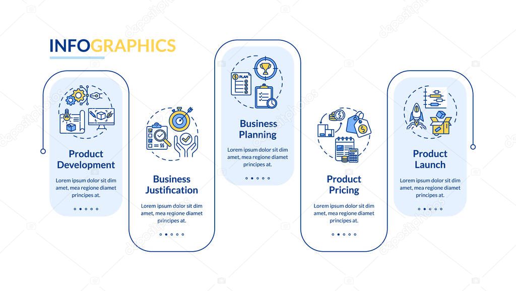 Product management vector infographic template. Business planning presentation design elements. Data visualization with 5 steps. Process timeline chart. Workflow layout with linear icons