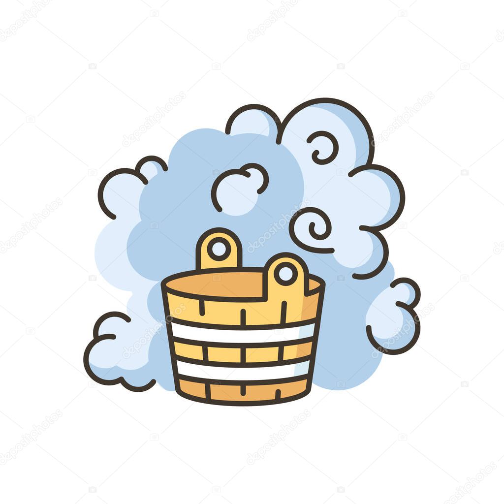 Outdoor sauna RGB color icon. Hot springs recreation, sauna relaxation. Steam bath, healthy pastime. Bathhouse accessory, water bucket isolated vector illustration