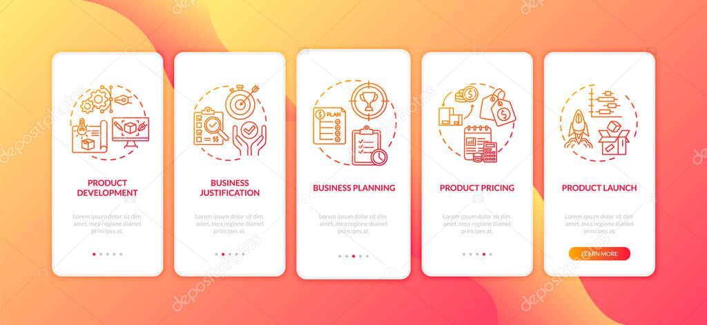 Product launch onboarding mobile app page screen with concepts. Pricing and sales. Business management walkthrough 5 steps graphic instructions. UI vector template with RGB color illustrations