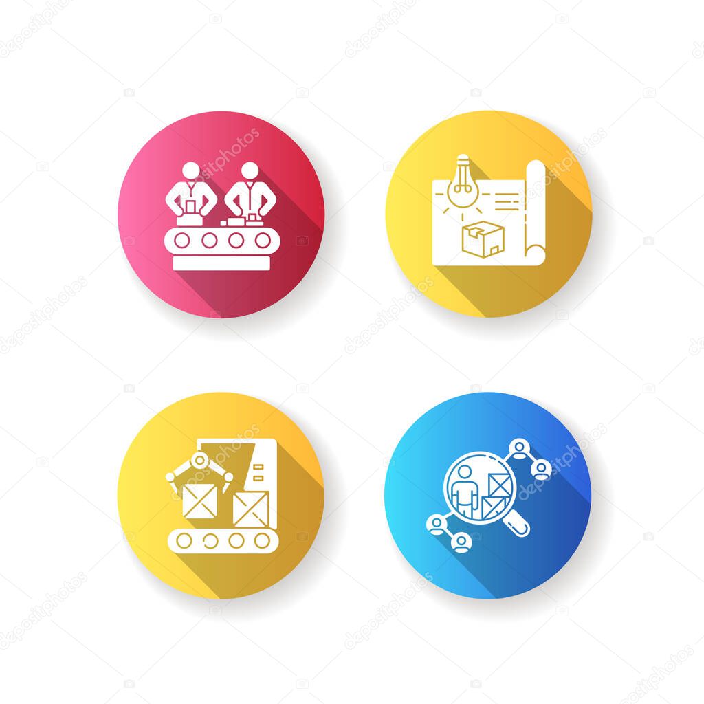 Industrial processes flat design long shadow glyph icons set. Product concept development, prototype production, vendor selection and maintenance service. Silhouette RGB color illustration