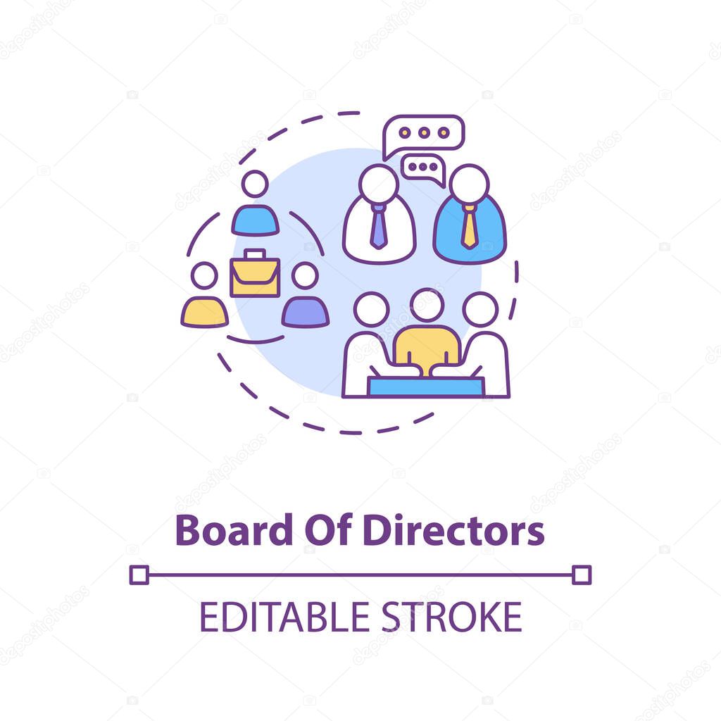 Board of directors concept icon. Corporation members. Company CEO. Business management. Shareholders idea thin line illustration. Vector isolated outline RGB color drawing. Editable stroke