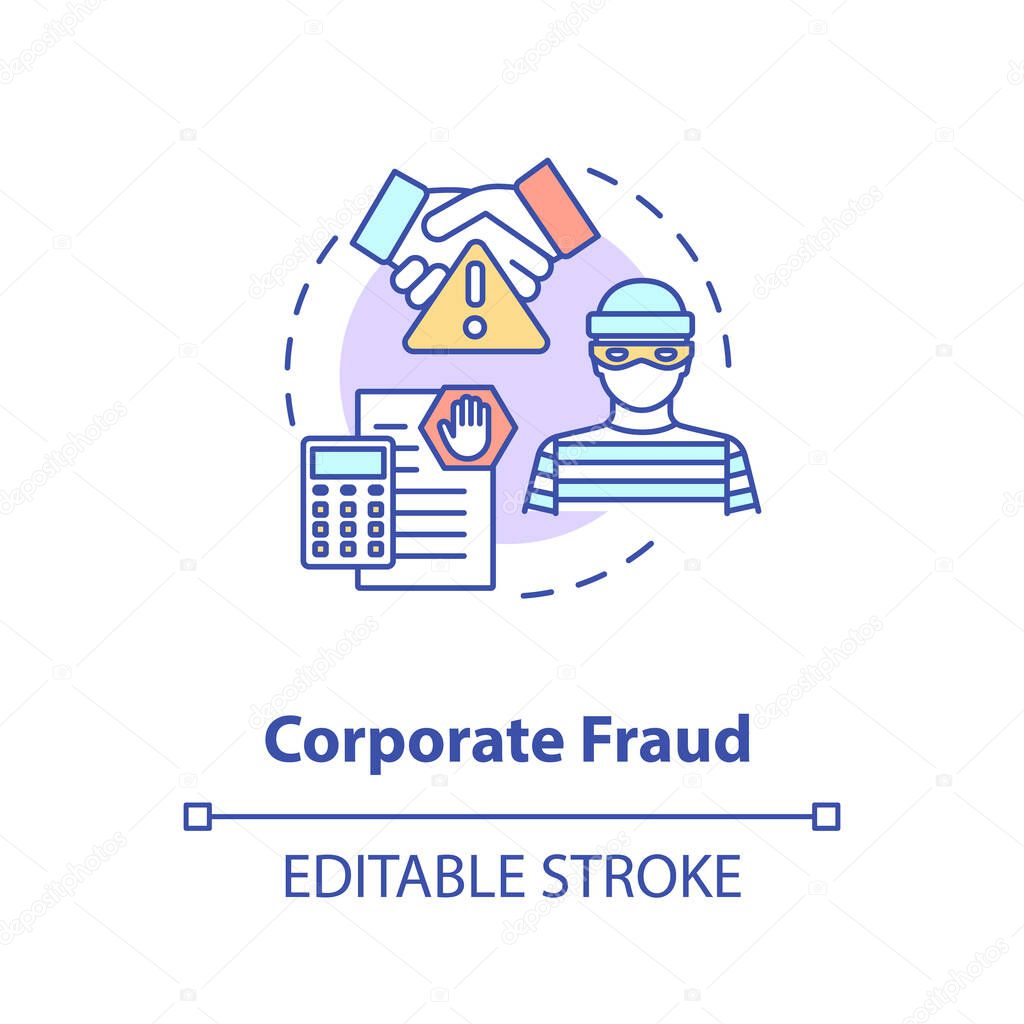 Corporate fraud concept icon. Company fraud. Common corporate crime. Law violation. Corporation commited crime idea thin line illustration. Vector isolated outline RGB color drawing. Editable stroke