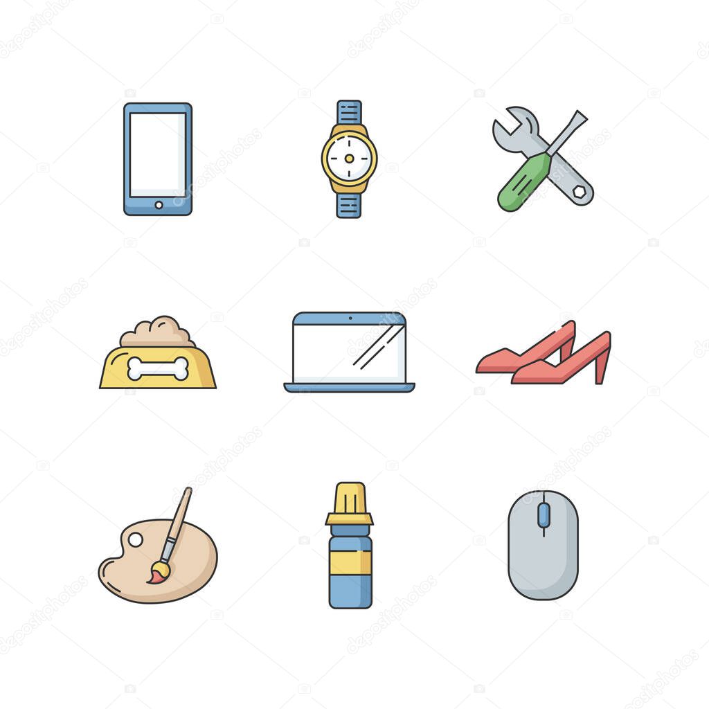 Online shop categories RGB color icons set. Electronic devices. Modern technology. Digital screens. TV monitors. Woman fashion and beauty. Art and craft. Repair tool. Isolated vector illustrations