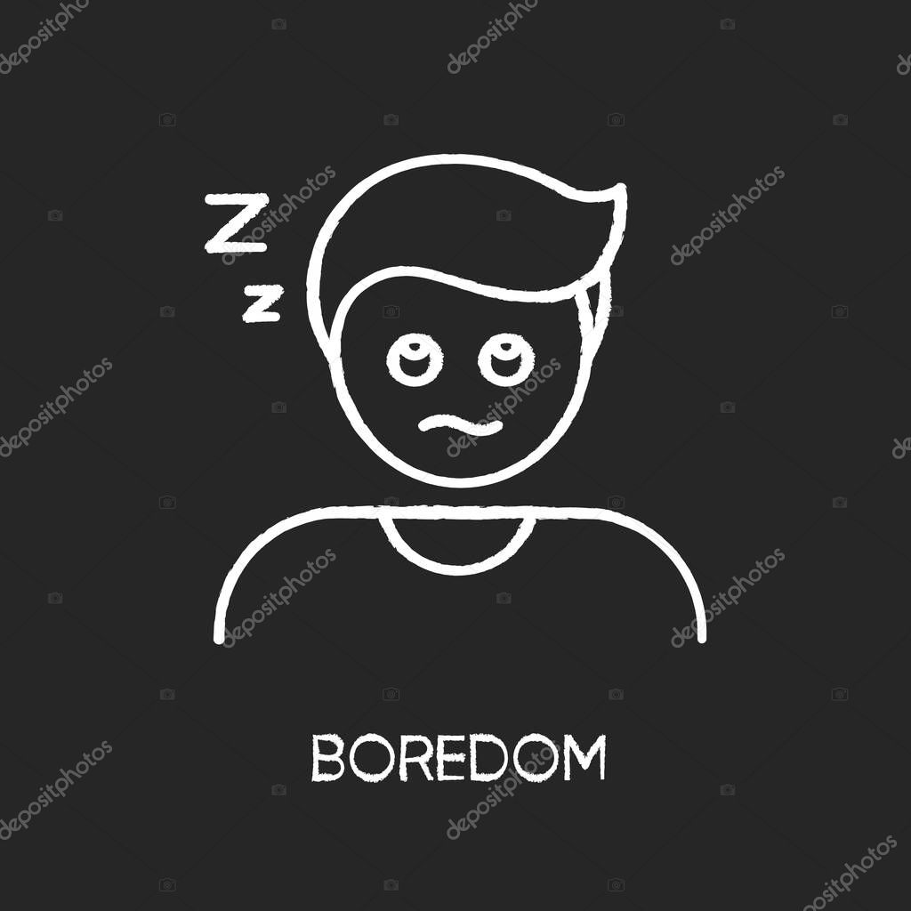 Boredom chalk white icon on black background. Exhaustion, weariness, burnout. Feeling of tedium, sleep problem, insomnia. Disinterested, bored, sleepy person isolated vector chalkboard illustration