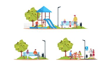 Dinlenme alanındaki insanlar yarı düz RGB renk vektörü çizimleri seti. Piknik yapan bir çift. Çocuk parkında oynayan çocuklar. Beyaz arkaplanda izole çizgi film karakterleri koleksiyonu