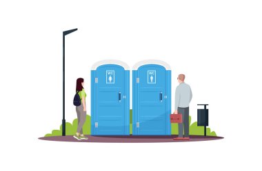 Woman and man in a queue for public toilets semi flat RGB color vector illustration. Mobile blue water closets. People waiting in a line at wc. Isolated cartoon characters on white background clipart