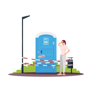 Kapalı bir WC yarı düz RGB renk çiziminin yanında kafası karışmış genç bir kadın. Kızın başı dertte. Umumi tuvalette kırılmış. Beyaz arkaplanda izole edilmiş çizgi film karakteri
