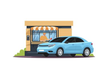 Yarısı düz bir RGB renk çizimi sunan abur cubur barı görevlisi. Kafeye, açık büfeye doğru sür. Fast food hazır. Dışarıda yemek yiyorum. Beyaz arkaplanda izole edilmiş çizgi film karakteri