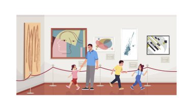Modern sanat galerisinde yarı düz vektör illüstrasyonunda çocukları olan baba. Çağdaş resim koleksiyonu. Çocuklar sanat müzesinde ticari kullanım için 2D çizgi film karakterleri izleyip oynuyorlar.