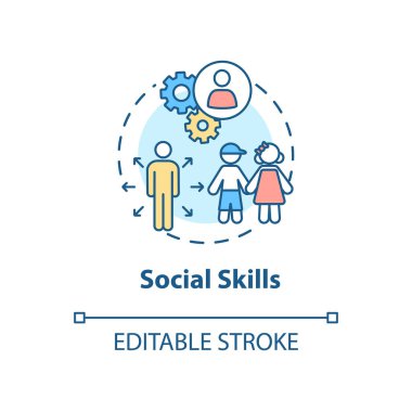 Sosyal beceri konsepti ikonu. Çocukların sosyalleşmesi. Arkadaş edinme ve etkileşim. Çocuk gelişimi fikri ince çizgi çizimi. Vektör izole edilmiş RGB renk çizimi. Düzenlenebilir vuruş