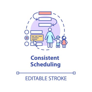 Tutarlı zamanlama konsepti simgesi. Bakım evleri ve öğretmenler. Anaokulu hademesi ve rehberlik fikri ince çizgi çizimi. Vektör izole edilmiş RGB renk çizimi. Düzenlenebilir vuruş