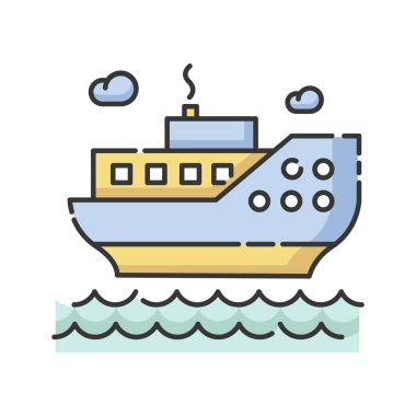 Deniz gezisi RGB renk simgesi. Deniz turizmi, tatil seyahati, yelkencilik. Lüks bir yolculuk, okyanus gemisiyle tatil. Büyük yolcu gemisi izole vektör çizimi