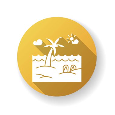 Sahil şeridi sarı düz tasarım uzun gölge simgesi. Yaz tatili, tropikal turizm, cennet adası. Egzotik sahillerde eğlence, deniz kıyısında palmiye ağacı silueti RGB renk çizimi