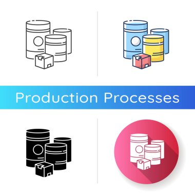 Ham madde ikonu. Lineer siyah ve RGB renk stilleri. Doğal kaynaklar, endüstriyel üretim. Yakıt ve mineral depolama konteynırları. Kutu ve variller izole vektör çizimleri