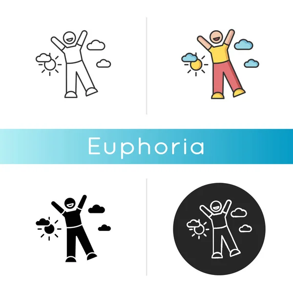 Euphoria icon. Feeling of strong joy and excitement. Happiness, good mood, positive emotion. Linear black and RGB color styles. Happy person in euphoric ecstasy isolated vector illustrations