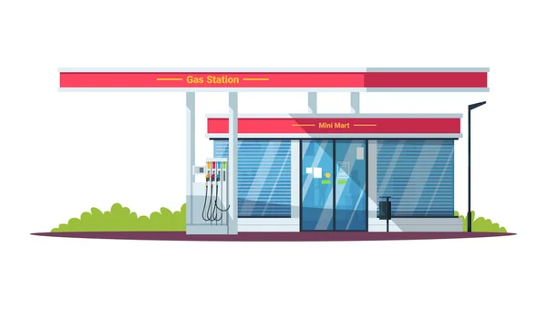 Estación Servicio Con Mini Mart Semi Plana Ilustración Vectores Color — Vector de stock