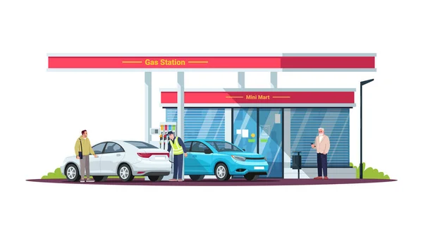 Benzinestation Met Mensen Semi Platte Rgb Kleur Vector Illustratie Begeleider — Stockvector