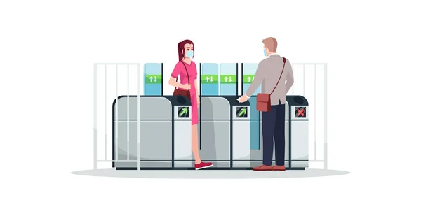 Άνθρωποι Στο Turnstile Ημι Επίπεδη Εικόνα Διάνυσμα Χρώμα Rgb Φορώντας — Διανυσματικό Αρχείο