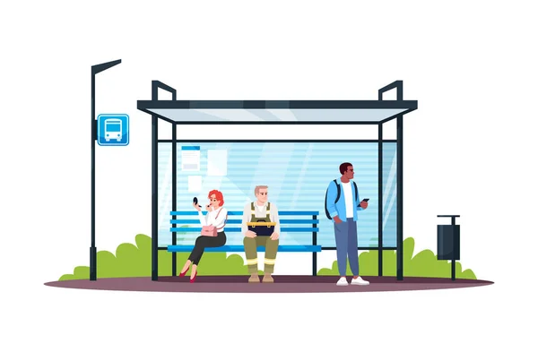 Människor Som Sitter Busstationen Semi Platt Rgb Färg Vektor Illustration — Stock vektor