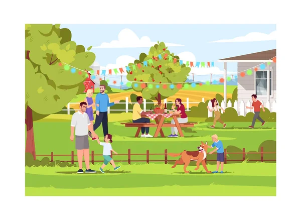 Люди Проводять Відпустку Селі Напівплоскої Векторної Ілюстрації Літній Сільський Пікнік — стоковий вектор