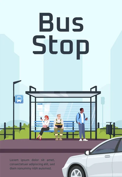 Plakat Przystanku Autobusowego Projekt Ulotki Handlowej Półpłaską Ilustracją Karykatura Wektorowa — Wektor stockowy