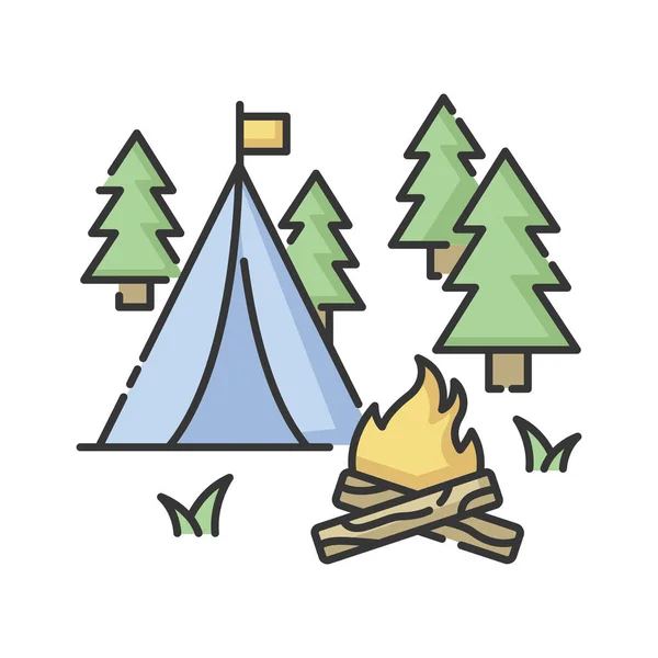 Camping RGB color icon. Nature tourism, outdoor recreation. Inexpensive vacation, overnight stay in forest. Campfire and tent in woods isolated vector illustration