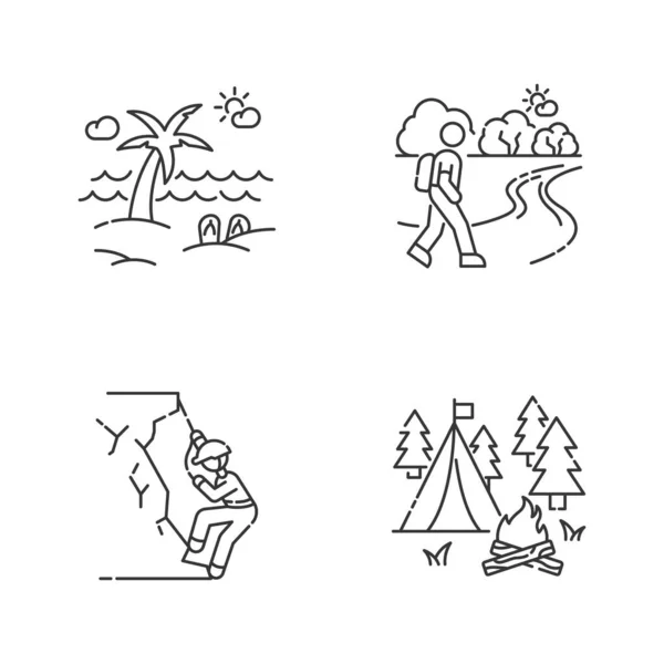 户外娱乐像素完美线形图标设置 海滨度假胜地 登山和露营定制的细线轮廓符号 孤立的矢量轮廓图解 可编辑笔划 — 图库矢量图片