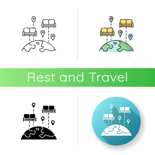 Couchsurfing icon. Linear black and RGB color styles. Budget tourism. Finding affordable accommodation in travel. Hospitality exchange. World map with couches isolated vector illustrations