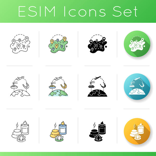 Popular vacation activities icons set. Linear, black and RGB color styles. Domestic tourism, international culinary journey and spa resort. Modern holiday rest. Isolated vector illustrations