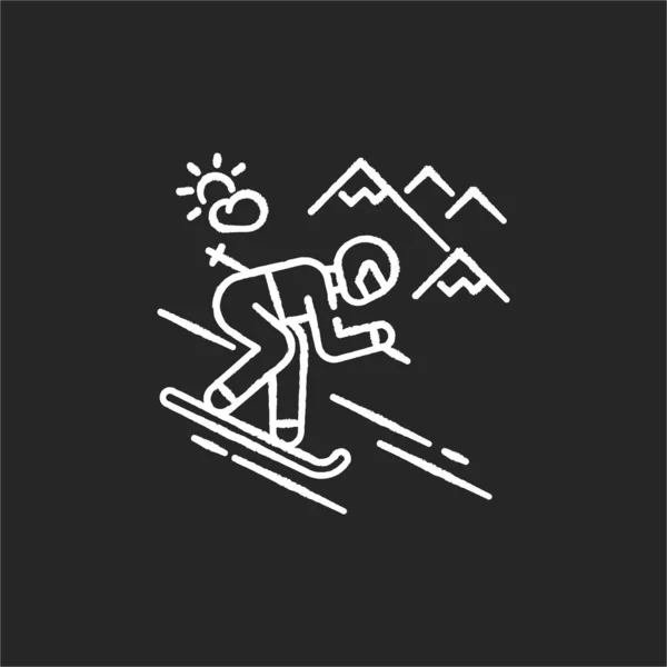 黒の背景にスキーチョーク白のアイコン 冬の休暇 季節の極端な観光 アルパインスキーリゾートでのアクティブなレクリエーション スポーツマンスキーダウンヒル絶縁ベクトルチャークボードイラスト — ストックベクタ