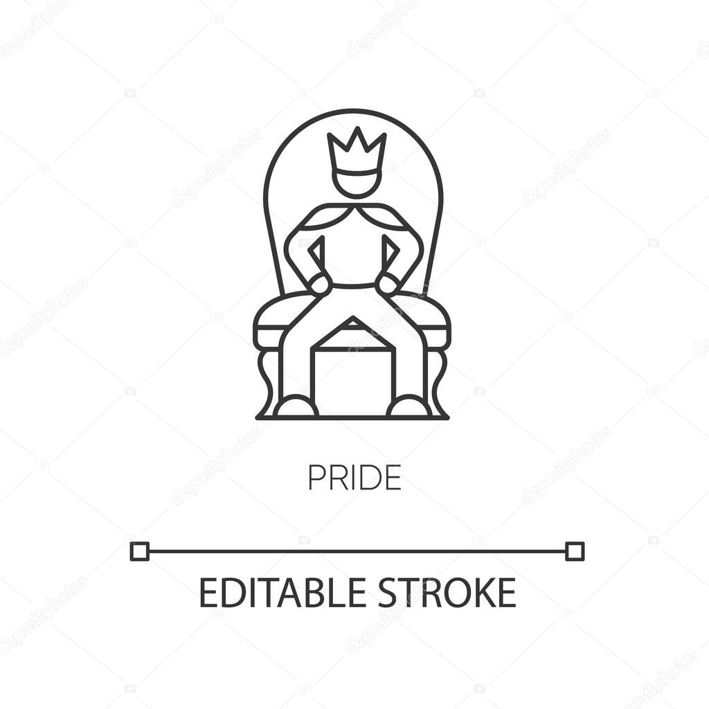Pride pixel perfect linear icon. Arrogant behaviour thin line customizable illustration. Contour symbol. Proud person sitting on throne vector isolated outline drawing. Editable stroke