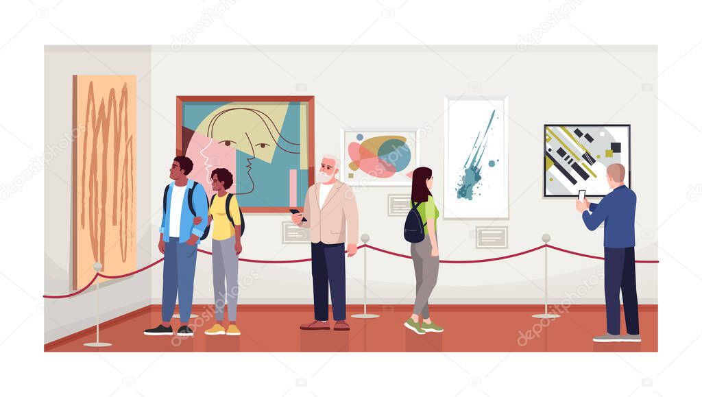 People in contemporary art gallery semi flat vector illustration. Couple watching an exhibition, collection.Taking pictures of paintings. Art museum visitors 2D cartoon characters for commercial use